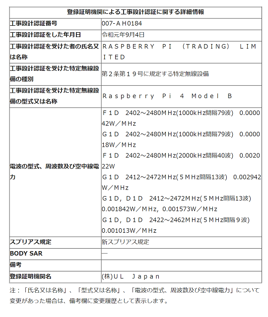 Raspberry Pi 4 Model B の工事設計認証に関する詳細